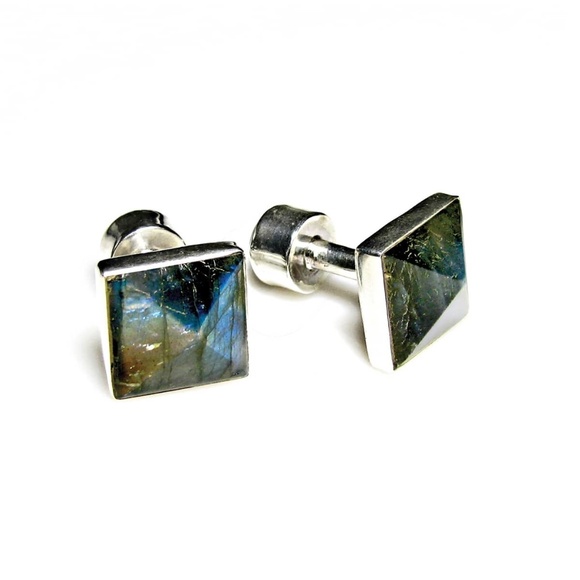 NEW - Handcrafted. .925 Sterling Silver Labradorite and Blue Topaz Cufflinks - Picture 2 of 6